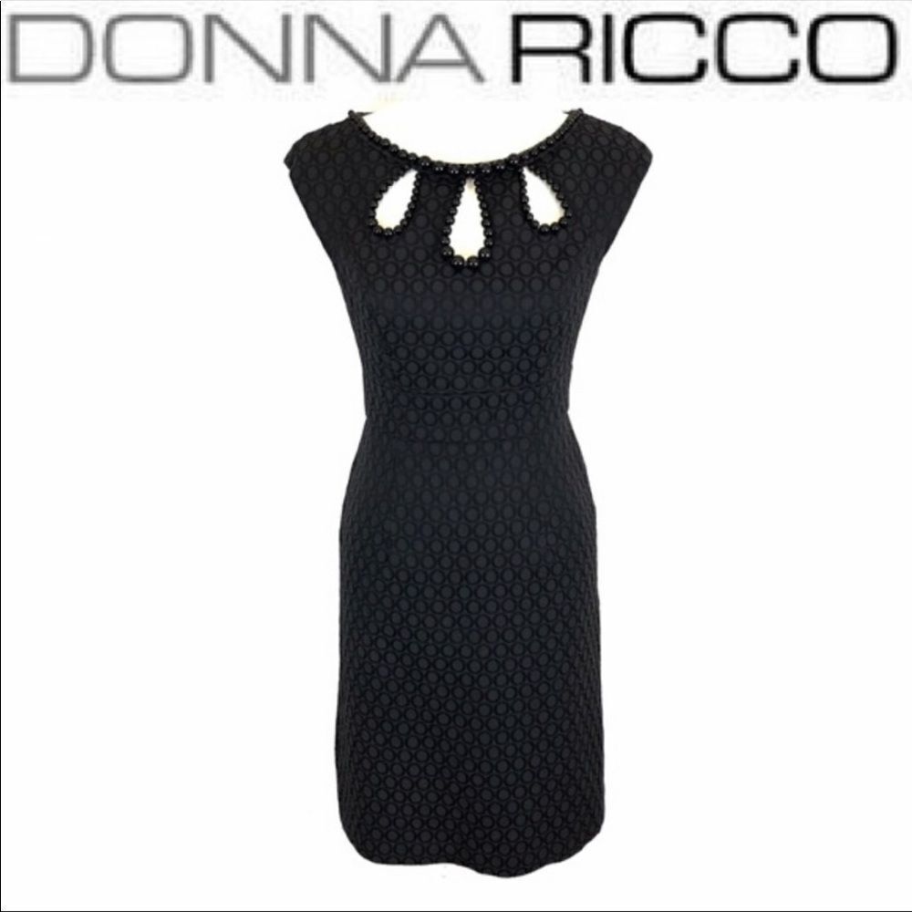Donna Ricco Black Bead Embellished Three Keyhole Neckline Sheath Dress